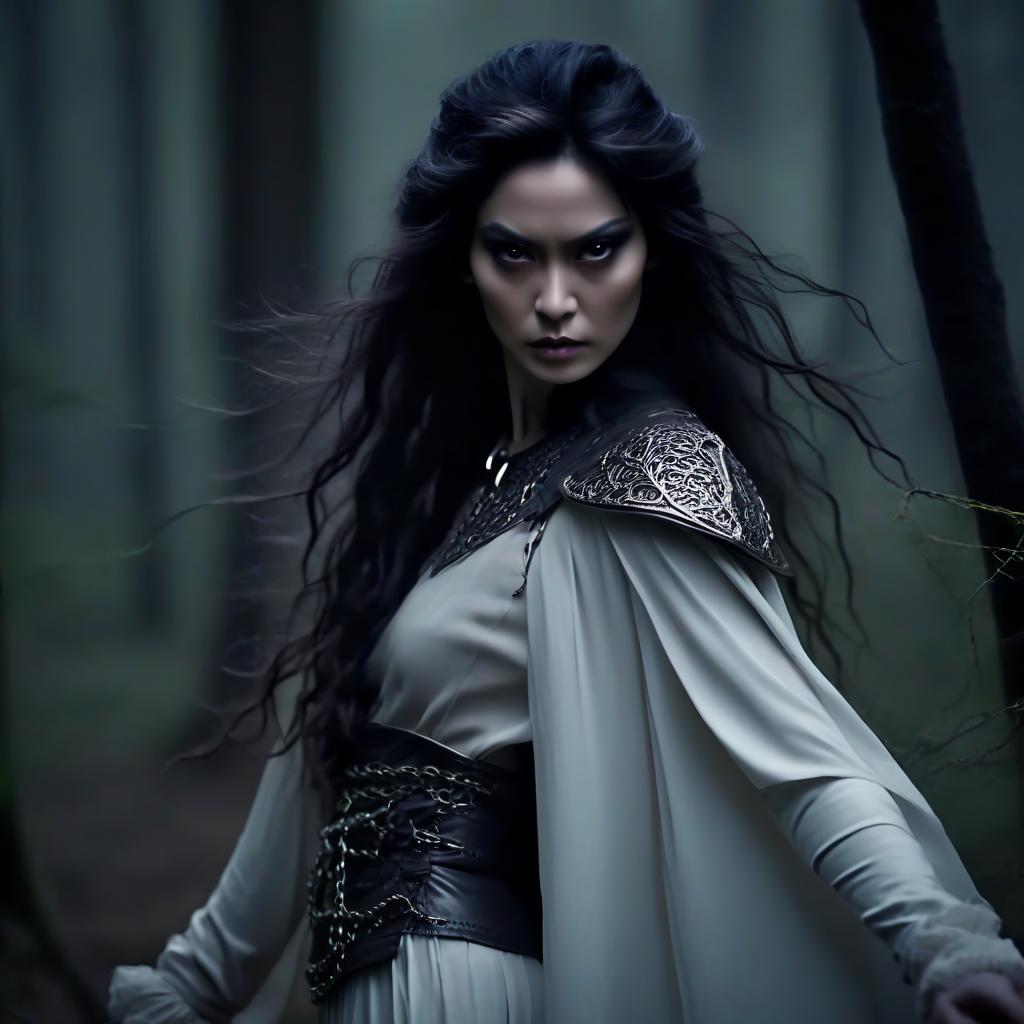  macabre style film actress fei ren in the form of the queen of elves of a thief fighter in a variety of long white leather skirts and a chain skirt. in the dark woods. . dark, gothic, grim, haunting, highly detailed, perfecteyes, perfect hands