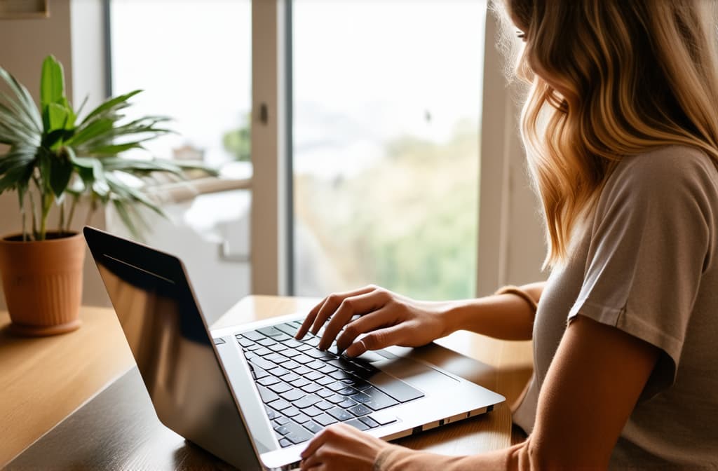  professional detailed photography, girl working on laptop at home, cozy home style, clear sunny weather ar 3:2, (muted colors, dim colors, soothing tones), (vsco:0.3)