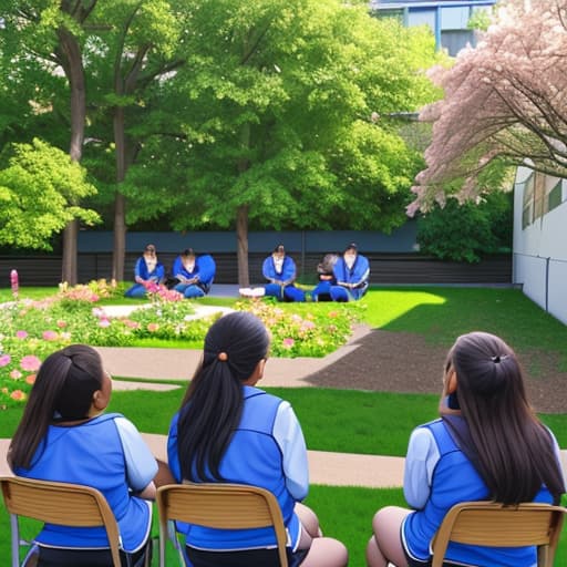  An outdoor classroom with garden and flowers, students sitting and listening to the class