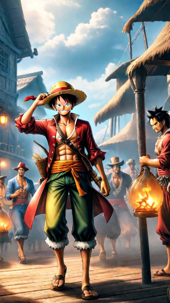  an anime art depicting luffy's straw hat pirates as legendary figures with their stories echoing through generations. hyperrealistic, full body, detailed clothing, highly detailed, cinematic lighting, stunningly beautiful, intricate, sharp focus, f/1. 8, 85mm, (centered image composition), (professionally color graded), ((bright soft diffused light)), volumetric fog, trending on instagram, trending on tumblr, HDR 4K, 8K