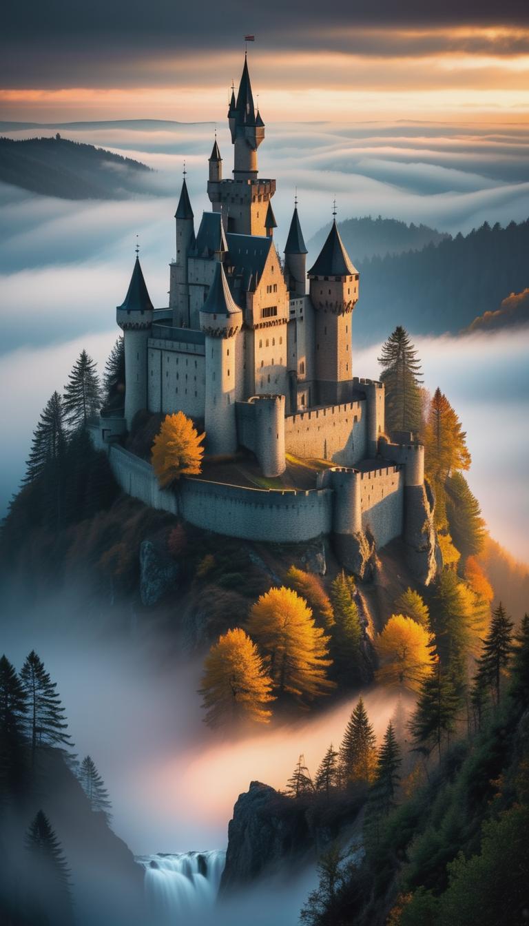  gothic style depiction of a medieval castle shrouded in fog. dark, mysterious, haunting, dramatic, ornate, detailed. . dark, mysterious, haunting, dramatic, ornate, detailed, hyperrealistic, full body, detailed clothing, highly detailed, cinematic lighting, stunningly beautiful, intricate, sharp focus, f/1. 8, 85mm, (centered image composition), (professionally color graded), ((bright soft diffused light)), volumetric fog, trending on instagram, trending on tumblr, HDR 4K, 8K