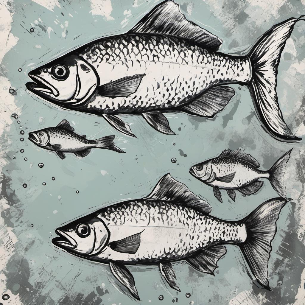  draw me a picture of two fish with a newspaper background, very abstract, painting style