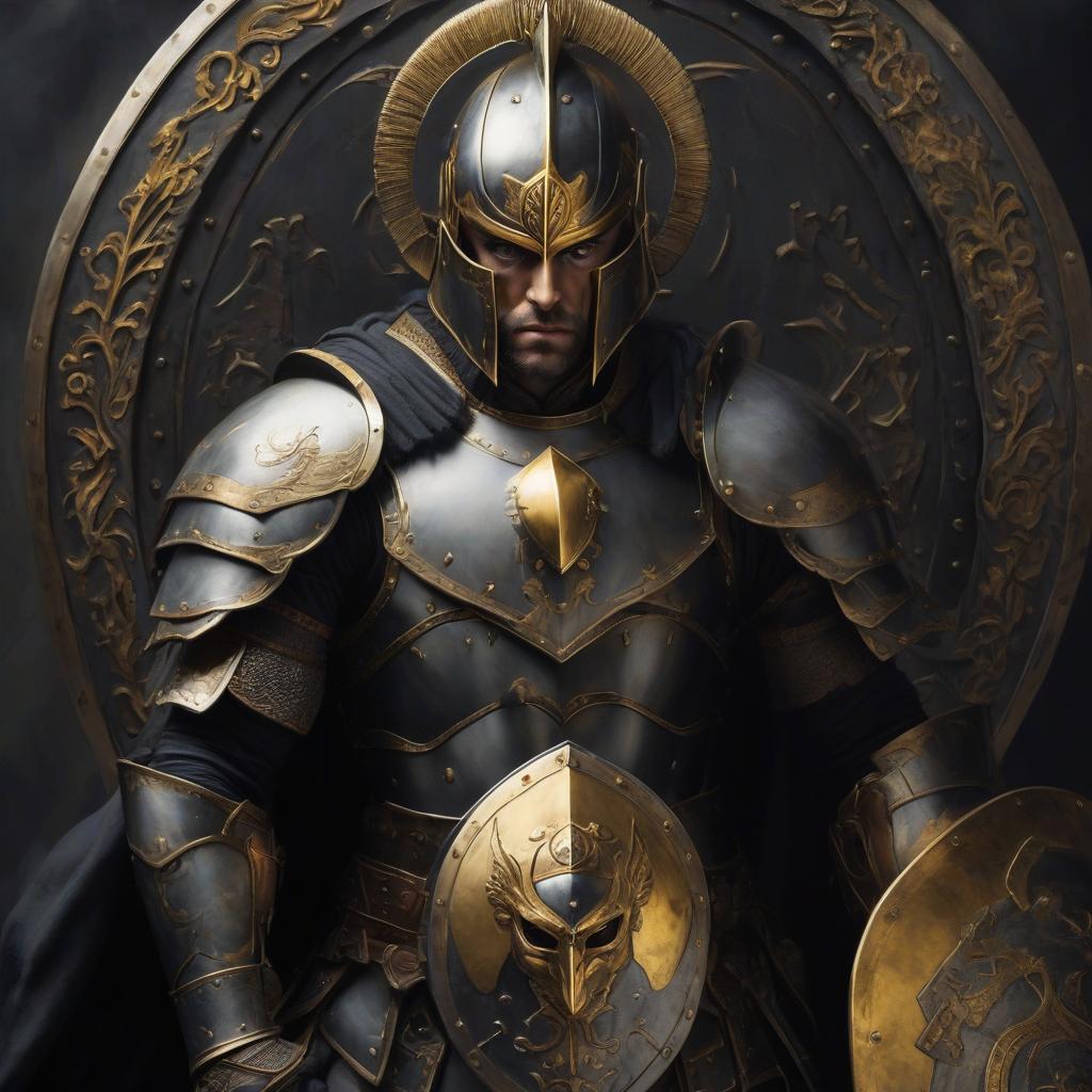  warrior in a helmet with a shield with golden eyes