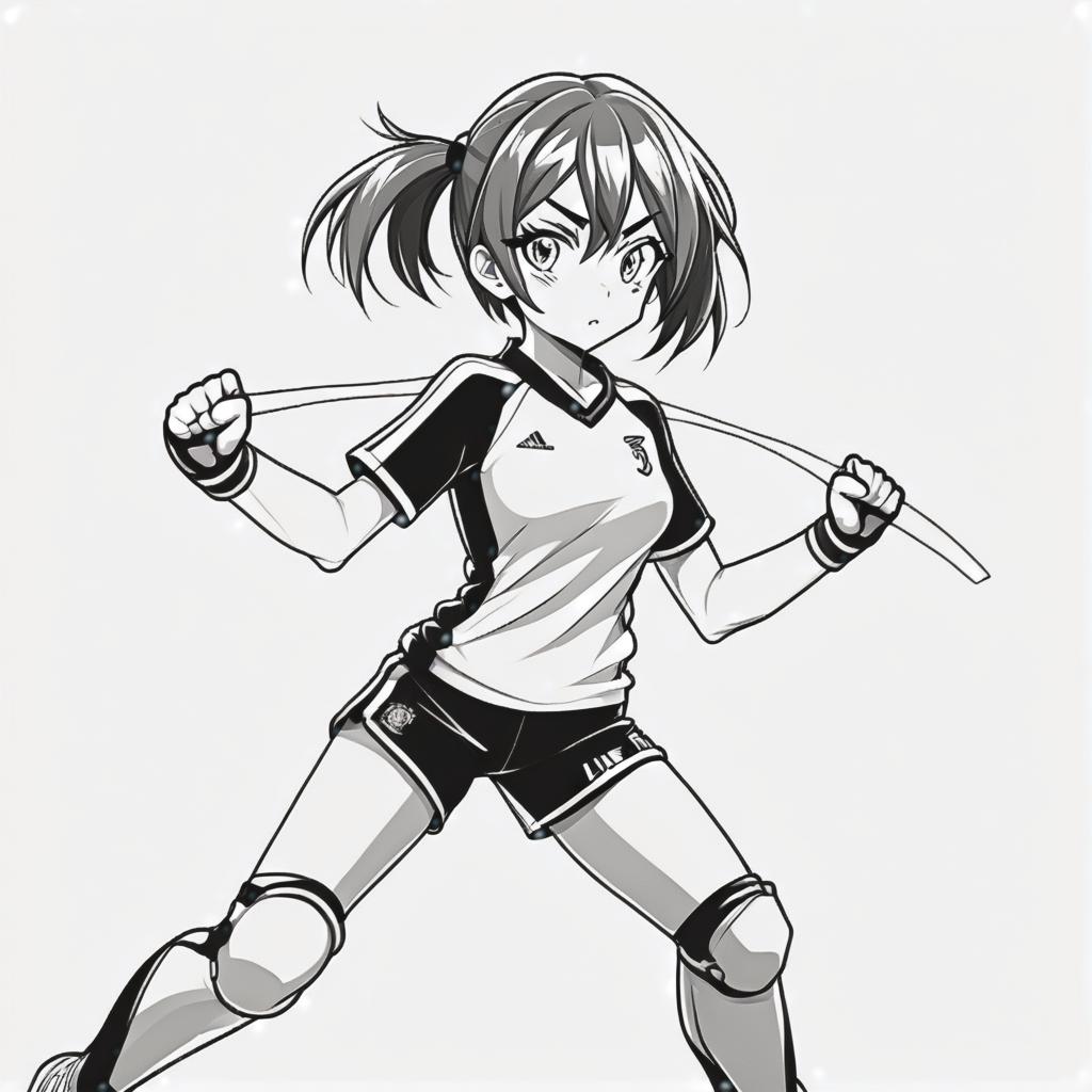  line art drawing girl in sport kit, battle stance, same nightmare. anime style . professional, sleek, modern, minimalist, graphic, line art, vector graphics