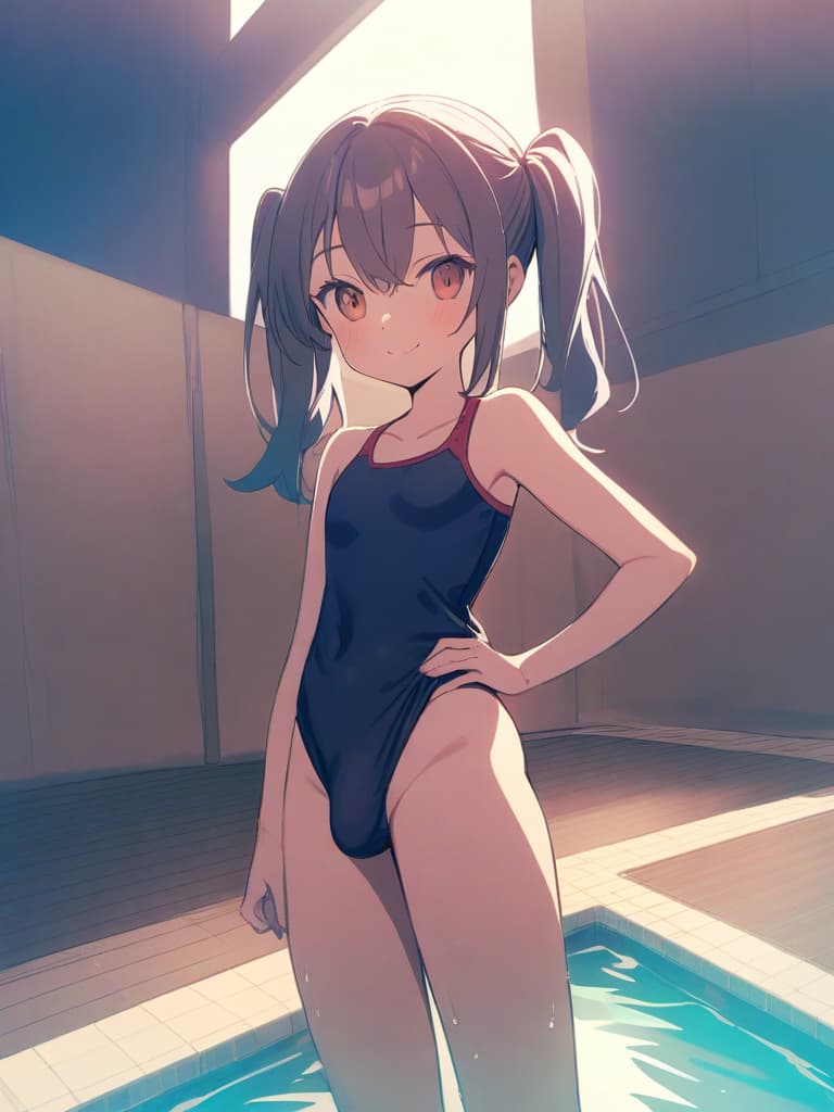  women's elementary students (male), twin tails, cute smiles, (rich s), short stature, dark blue swimwear, old swimwear, swimwear, simple, (upward), upward, (bulge), front, whole body, pool side ,,,