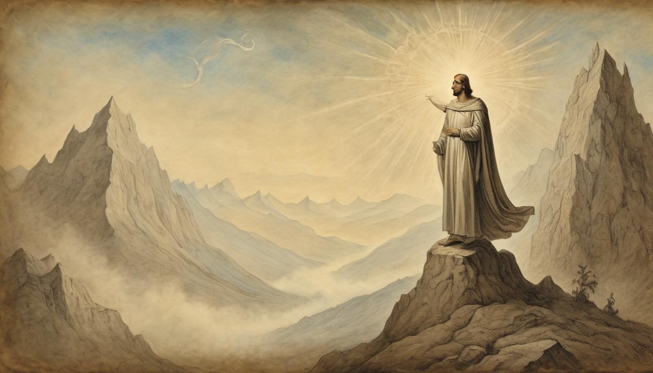  on parchment, surrealism++, a radiant figure standing at the peak of a mountain, light emanating, triumph, divinity(mysterious, provocative, symbolic)++