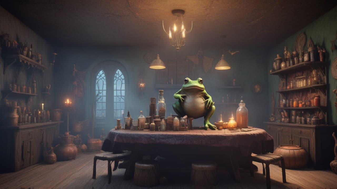  a picture of a witch themed karaoke room. decor should have candles, cauldrons, misty smoke, potions. include a single stage at the back. include a small frog sitting at one of the tables, high quality, high details, hd, perfect composition, 4k epic detailed, highly detailed, sharp focus, high resolution