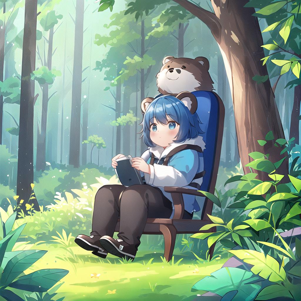  a bear sitting in a blue chair, forest setting, illustrated cute