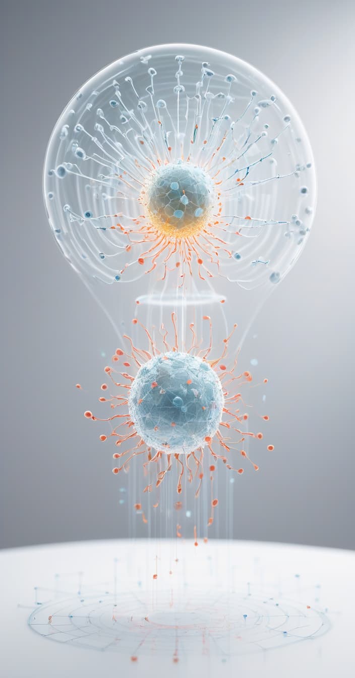  image of a biological cell hologram with 0 1 binary radiating out minimalistic white background surface emphasized