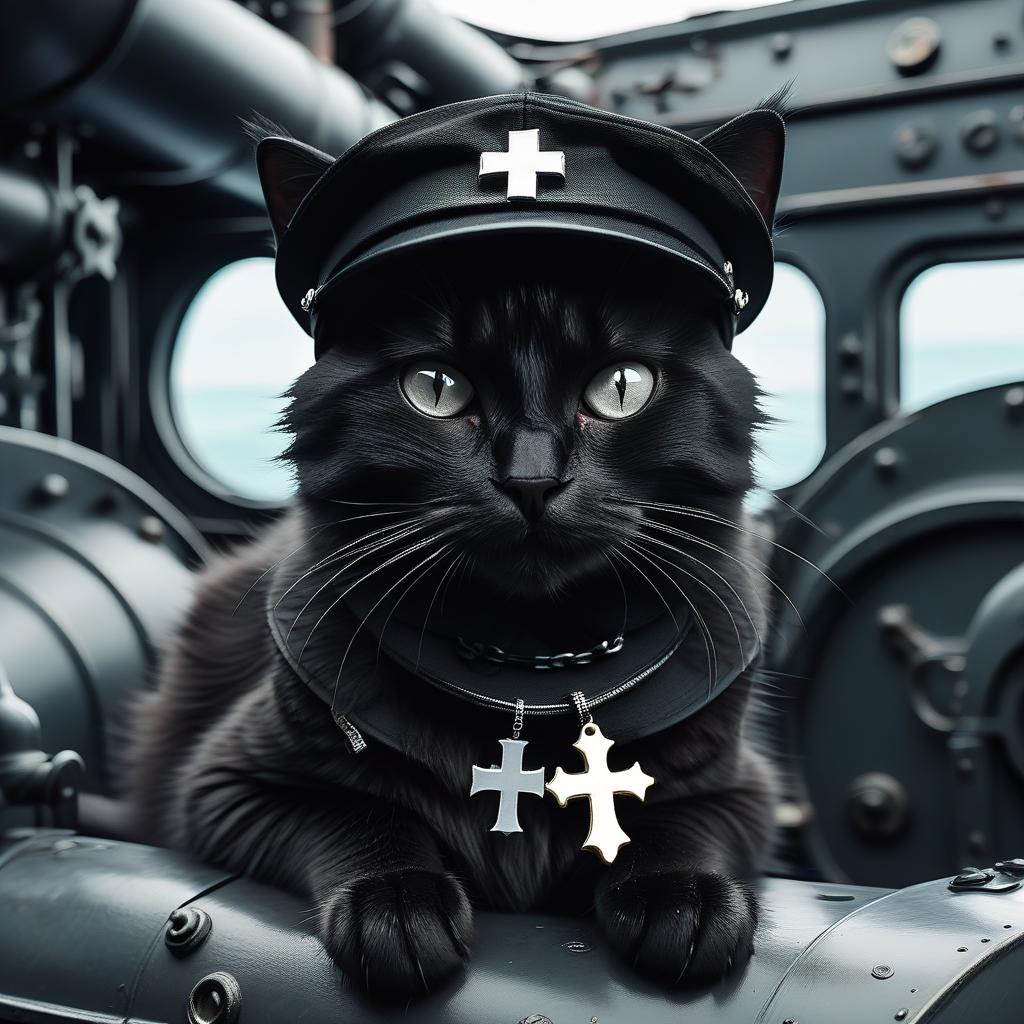  furry black cat with a knightly cross in a black white cap in a submarine