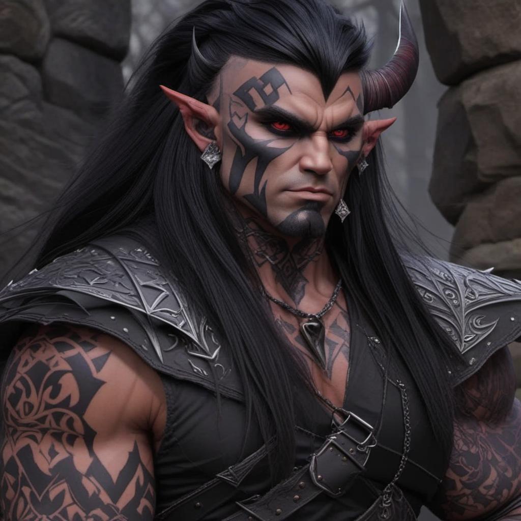  half orc, black hair, viking hairstyle, red purple eyes, gothic, muscle’s, face scars, face tattoo, female, mythological style