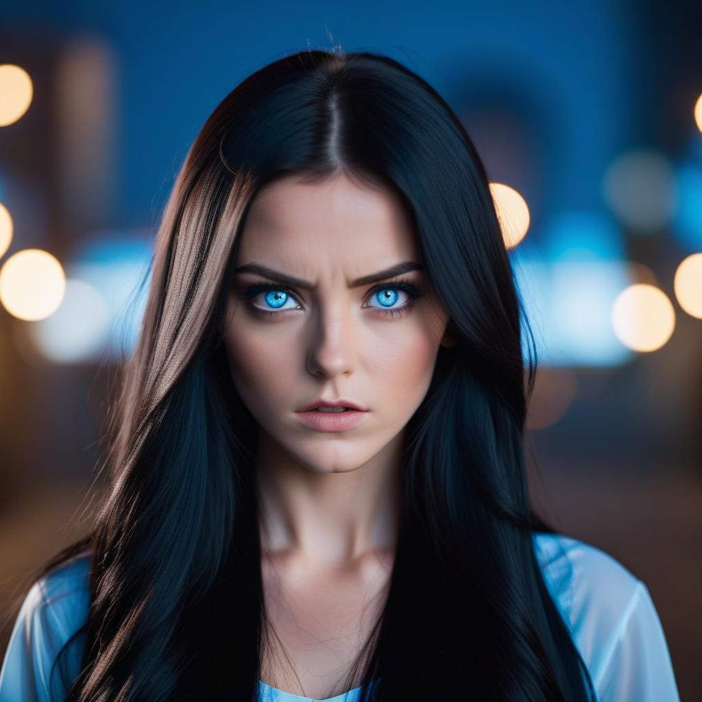  cinematic photo girl, long black hair, blue eyes, anger . 35mm photograph, film, bokeh, professional, 4k, highly detailed