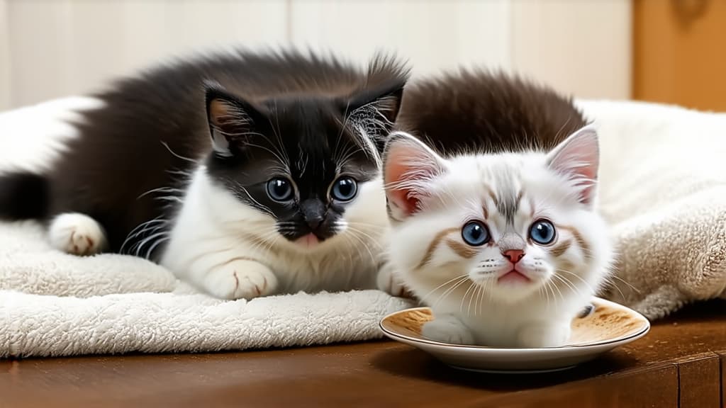  black kitten and white kitten lying on a blanket with a cup of coffee, fluffy art, little blue eyes, cozy home background, cute kittens, realistic image, black and white, cute ten legged, portrait of a little one, cute ar 16:9 {prompt}, maximum details