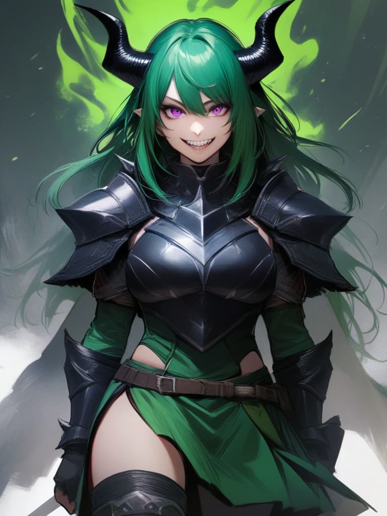  monster hunter monster hunter (character) rajang jinouga gear armor female grin horns sharp teeth teeth (purple eyes) (green hair) (green aura) evil grin evil smile looking at camera smiling monster spikes blood one woman spiked armor partially colored high resolution large file size very high resolution realistic