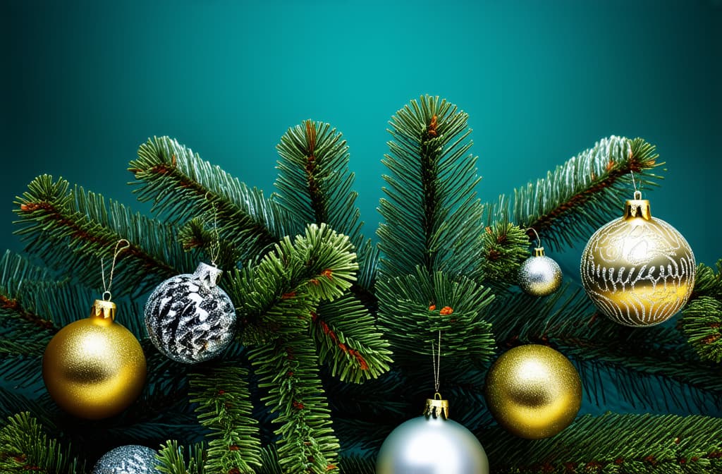  professional detailed photography, new year vertical dark turquoise background with gold and silver balls on fir branches with space for text ar 3:2, (muted colors, dim colors, soothing tones), (vsco:0.3)