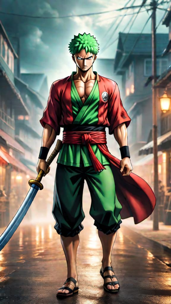  anime art: zoro from one piece wielding the cursed sandai kitetsu, its sinister aura looming. hyperrealistic, full body, detailed clothing, highly detailed, cinematic lighting, stunningly beautiful, intricate, sharp focus, f/1. 8, 85mm, (centered image composition), (professionally color graded), ((bright soft diffused light)), volumetric fog, trending on instagram, trending on tumblr, HDR 4K, 8K