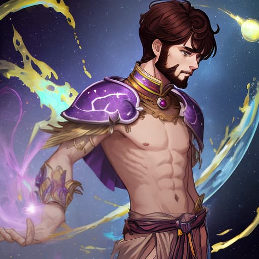  planetary complex, young man, lean build, with a small beard and short haircut, and purple eyes. along with a barbarian girl, brown hair, dark eyes