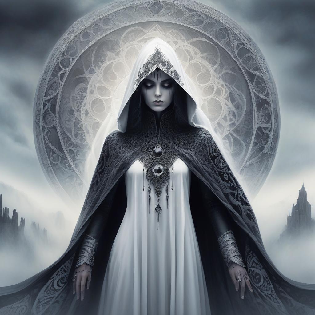  gothic style skinny figure in white cloak. white foggy sky, black sun. black rock in background. stylistics: intricate zentangle patterns in the manner of karol bak, rahaf dk albab, andrew jones. bright colors. high quality and detail. hdr. masterpiece. double exposure. . dark, mysterious, haunting, dramatic, ornate, detailed, hkmagic