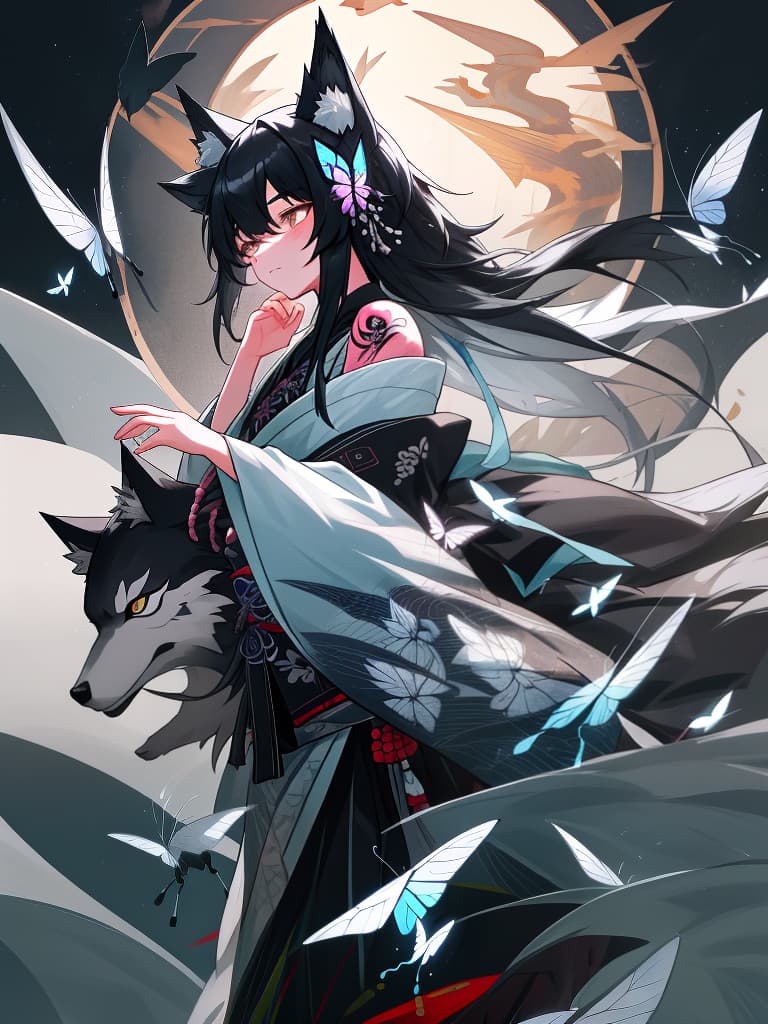  lack of sleep, wolf hair, tattoo, mini character, butterfly dance, feather butterfly, sake, masterpiece, best quality,8k,ultra detailed,high resolution,an extremely delicate and beautiful,hyper detail