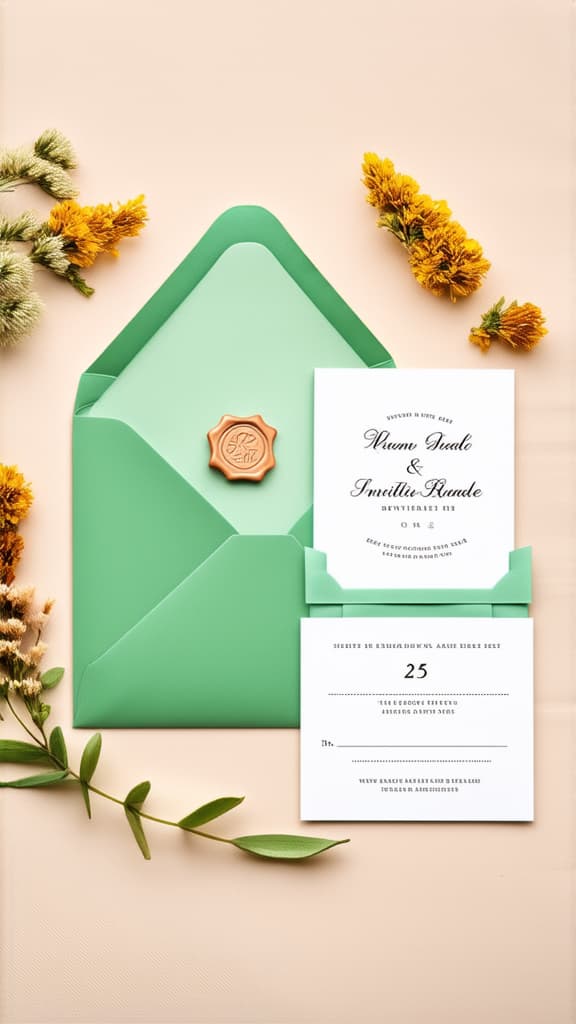  flat lay wedding invitation cards, green envelope with seal wax stamp, dried flowers on pastel beige background. wedding stationery set top view. ar 9:16 {prompt}, maximum details