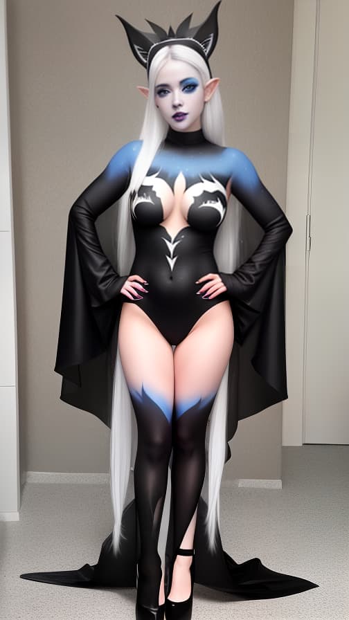  Black and blue bat-shaped body paint in every corner of the whole body, White body paint all over the body, grey face paint on the face, elf,full body image female