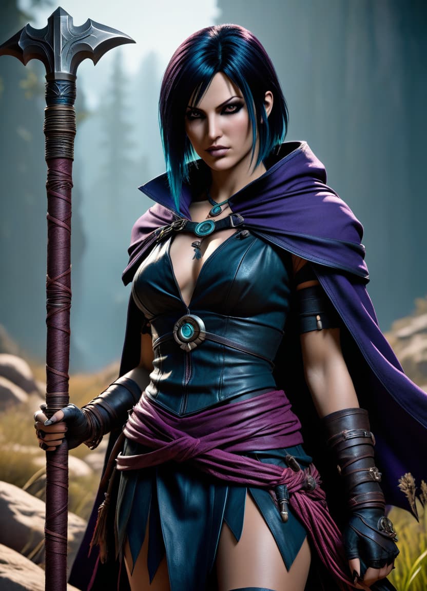  hyperrealistic art hyperrealism, masterpiece, full length character concept art, morrigan is a witch from the wild lands, from the game dragon age origin, attractive appearance, but at the same time daring, dressed in an attractive outfit, holding a staff in the style of dark fantasy, (high contrast: 0.8), high detail, bright saturated details, clear shadows and highlights, . extremely high resolution details, photographic, realism pushed to extreme, fine texture, incredibly lifelike