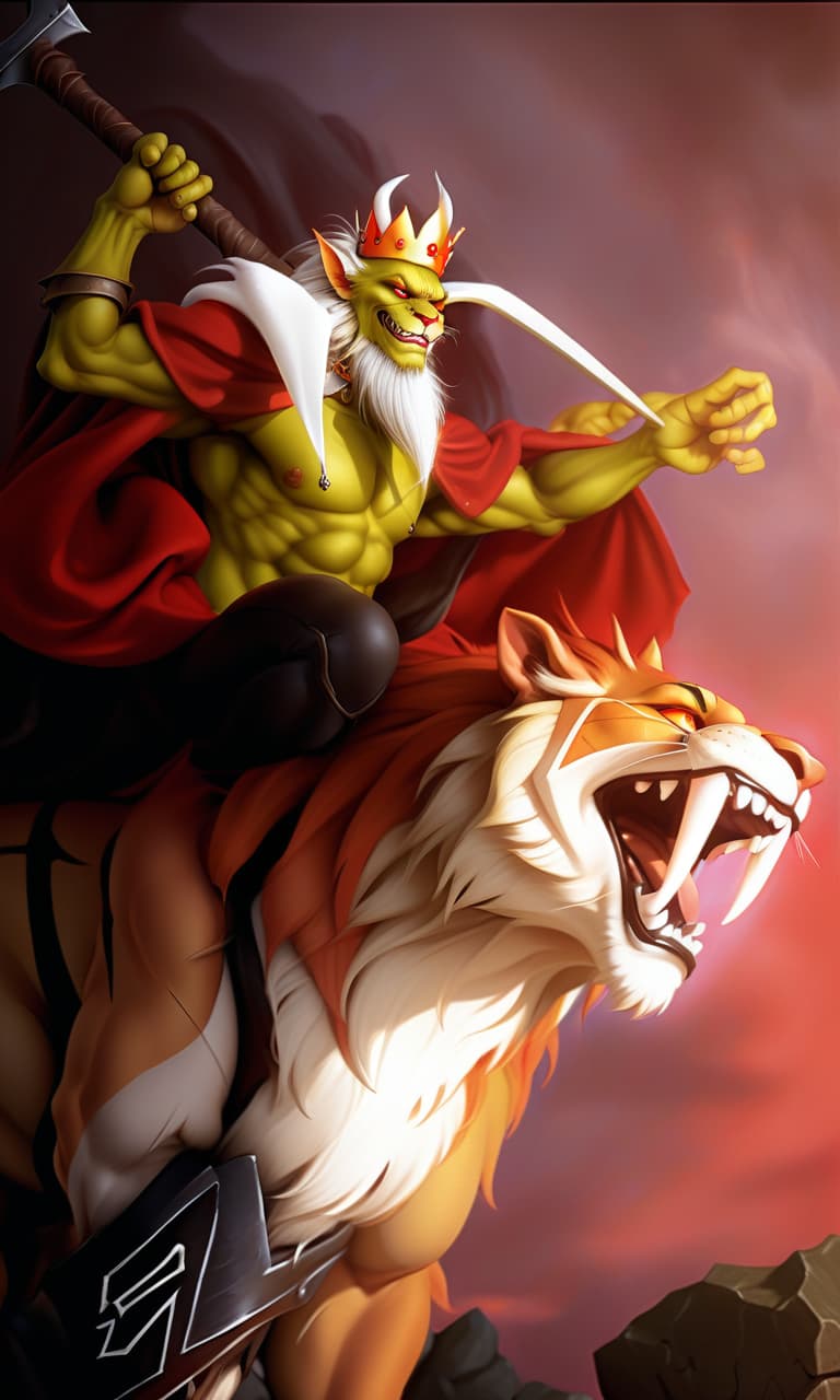  hyperrealistic art a goblin sits on a lion, an evil lion with a grin, an evil goblin king, a crown on his head, with a small beard, red eyes, an evil grin on his face, a mantle with a furry collar, a large axe on his shoulder, a sporty physique. . extremely high resolution details, photographic, realism pushed to extreme, fine texture, incredibly lifelike, perfecteyes, hkmagic