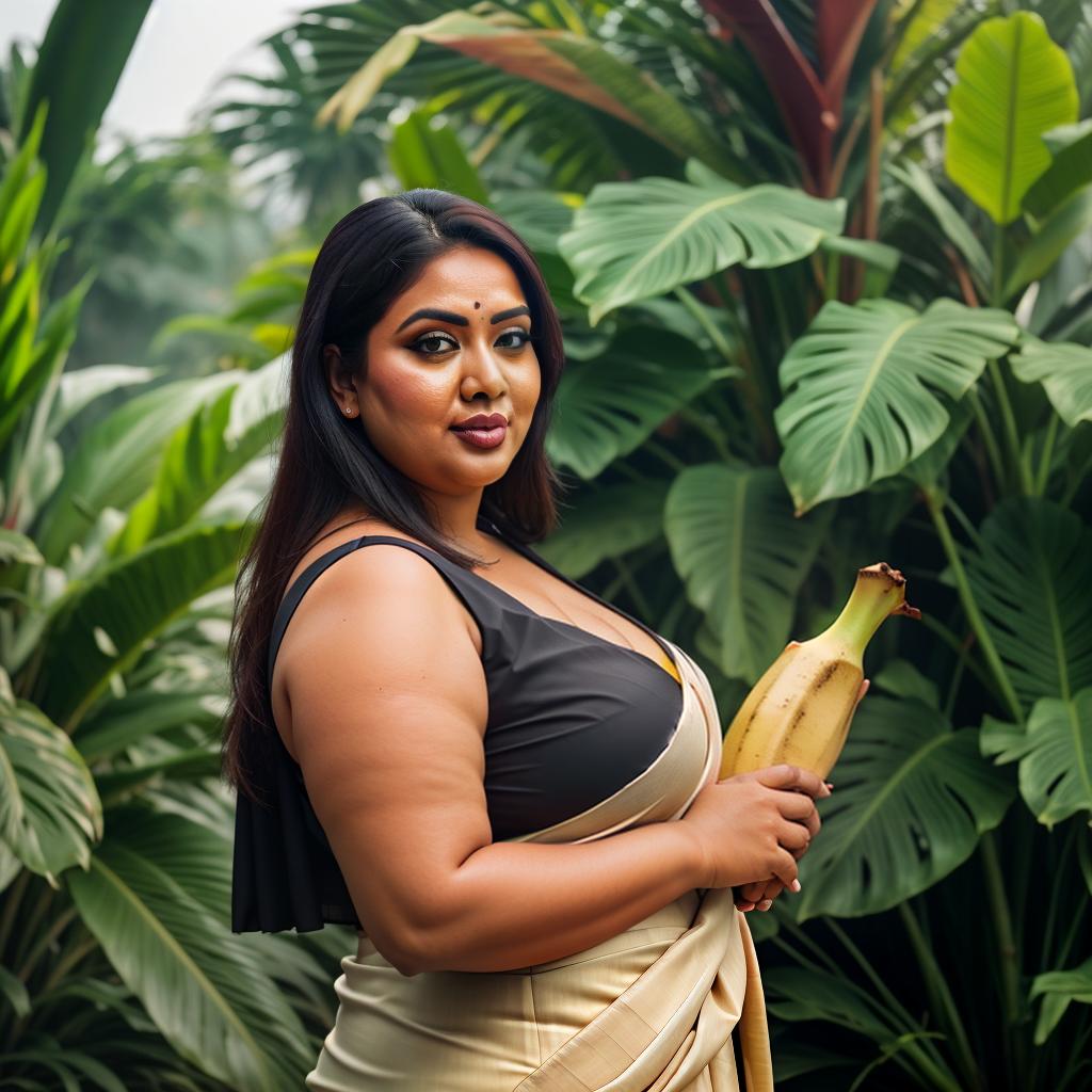  A Huge chubby Woman holding  big Banana in Hand, Saree and pallu, Clean face, Banana Trees, No saturation, low vibrant, portrait hyperrealistic, full body, detailed clothing, highly detailed, cinematic lighting, stunningly beautiful, intricate, sharp focus, f/1. 8, 85mm, (centered image composition), (professionally color graded), ((bright soft diffused light)), volumetric fog, trending on instagram, trending on tumblr, HDR 4K, 8K