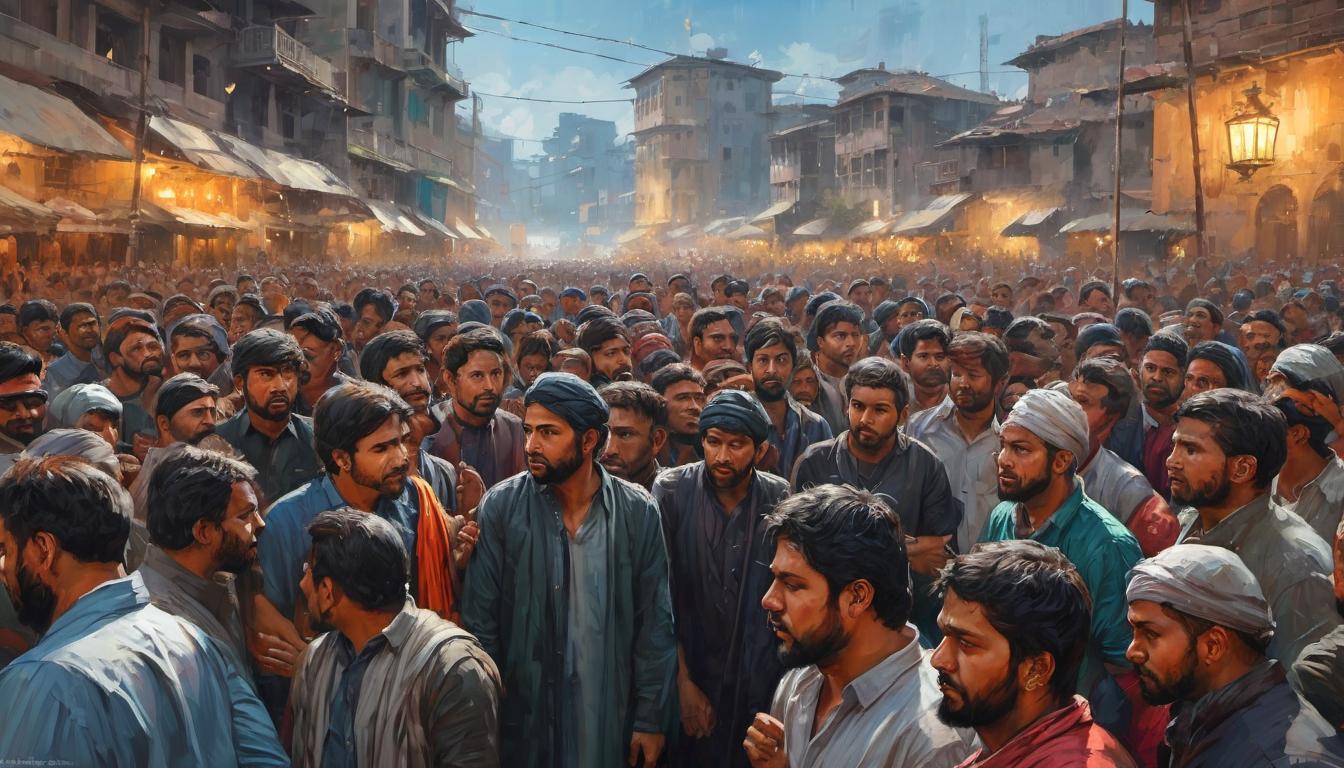  digital painting of prophet amidst crowd, dismissive gestures from people, background of city, mood of neglect, emotional distance looking at viewer, dynamic pose, (intricate details, masterpiece, best quality)