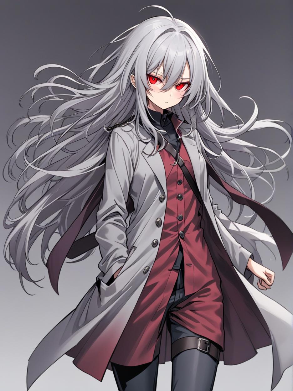  manga artwork create for me a character with anime manga art. a woman with long, frayed silver hair, which even covers her face. she has deep, lifeless red eyes resembling wine. she wears dark dress pants. a red dress shirt with buttons on its front seam, two thin belts under its bust. a light gray lab coat on the shoulders. she walks around with two katanas around her waist.. manga artist. manga, highly emotional. best quality, high resolution