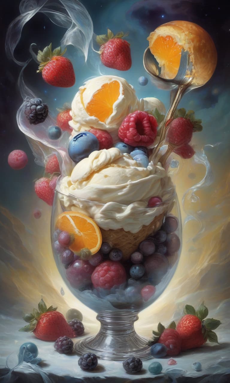  space themed digital art, (double exposure:1.3). multi colored balls of creamy ice cream in elegant crystal vase ((cream: 1.5) with (frost effect: 1.5)) with an orange slice, wafer pieces, chocolate chips, strawberries, blueberries, blackberries, raspberries, a mint leaf, a cinnamon stick, a smoky fractal, an elegant silver spoon. effectmagic, mysticism, fairy tales, in the environment of fantasy art, arabesques, sparkle, a splash of fantasy, unearthly lighting effects, a breathtaking color palette, extremely detailed, in high resolution 10k. surrealism, realism, fantasy, baroque, renaissance. imagination and skill. in the manner of julia dillon, van gogh, salvador dali, mika asai, alfons mucha, robert bateman, thomas kinkade, fragonard. . 