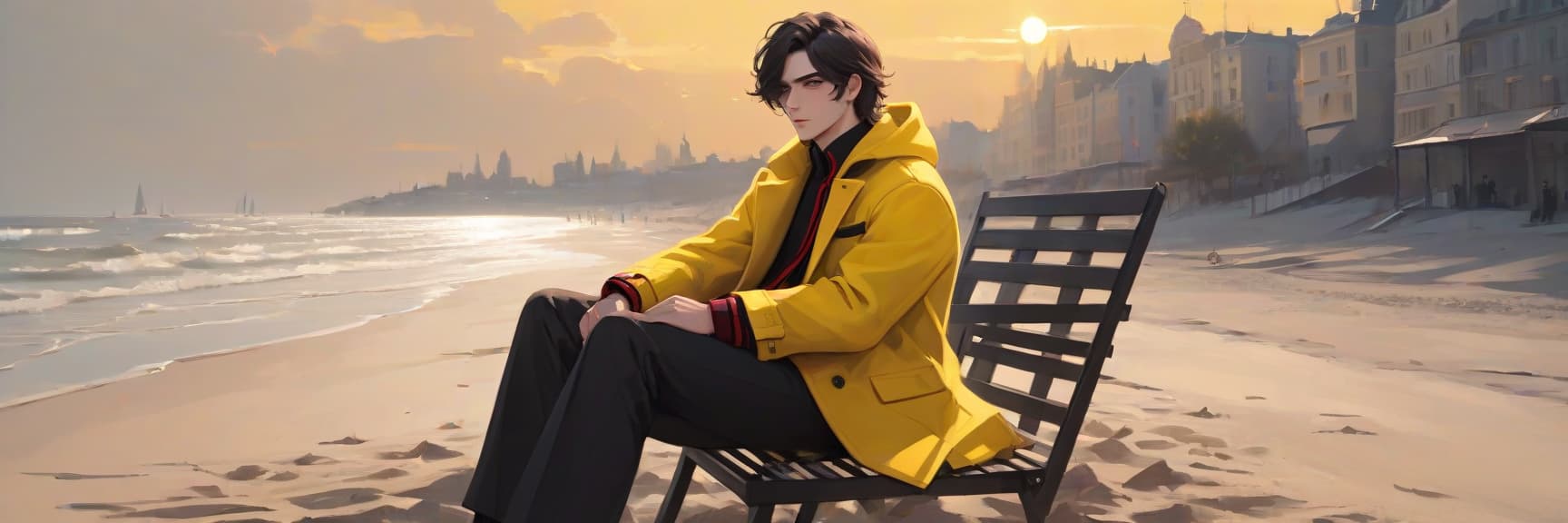  architectural style a young man sits on a chair on the beach. he has long dark brown hair that gently falls on his shoulders, and his face, with jewish and slavic features, exudes calmness with brown eyes. he is dressed in a bright yellow coat that immediately attracts attention and contrasts with the surrounding landscape. under the coat is a black shirt, and black pants are additionally decorated with yellow elements, creating a harmonious and stylish image. the sun sets over the horizon, shrouding everything around in red shades, and bright red stripes lie on the surroundings contrasting with the darkness and creating a magical atmosphere. . clean lines, geometric shapes, minimalist, modern, architectural drawing, highly detailed