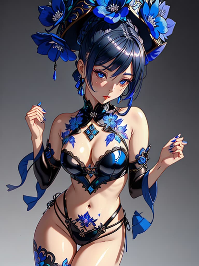  Close-up porcelain female figurine, looking to the camera, glossy surface, glaze, shiny, blue floral tattoos on her, dark gradient background, baroque dark style, hyperrealistic, CG society, intricate details