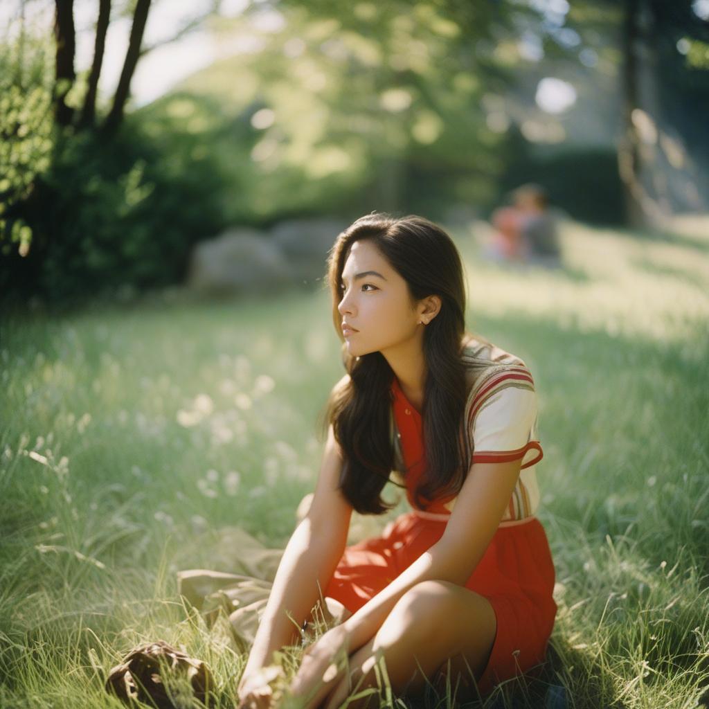  masterpiece, best quality, A young female student with medium brown hair, looking confused yet determined, sitting with her arms behind her back in a sunlit meadow during summer. The soft rays of the sun illuminate her features as she gazes directly at the viewer, her hair casually tucked behind her ear. The vibrant colors of the meadow contrast with her contemplative expression, creating a sense of introspection and curiosity. (Realization: Kodak Portra 400)