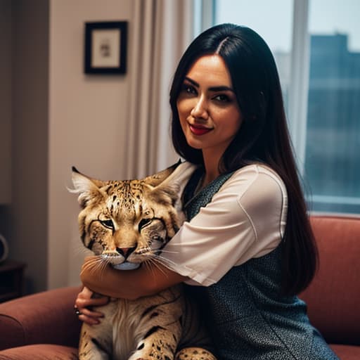  a big cat hugs a cute girl in the living room,pokemon hyperrealistic, full body, detailed clothing, highly detailed, cinematic lighting, stunningly beautiful, intricate, sharp focus, f/1. 8, 85mm, (centered image composition), (professionally color graded), ((bright soft diffused light)), volumetric fog, trending on instagram, trending on tumblr, HDR 4K, 8K