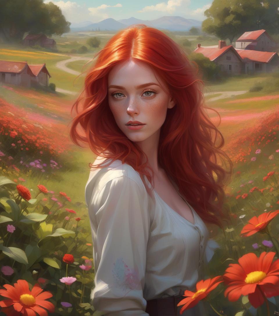  concept art painting &quot;woman with red hair in a flower field&quot;, gorgeous digital painting, beautiful digital painting, galen dara, redhead woman, stunning digital painting, inspired by vincent lefevre, rhads and lois van baarle, digital oil painting, author: mads mountain, digital oil painting, portrait of a red haired girl, by igor grabar . digital artwork, illustrative, painterly, matte painting, highly detailed