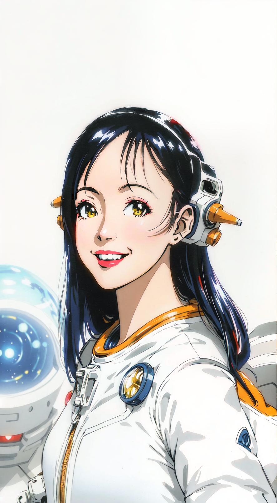  anime style, astronaut, space background, wearing space suit, comic book style, vibrant colors, detailed spaceship interior, character smiling, warm lighting hyperrealistic, full body, detailed clothing, highly detailed, cinematic lighting, stunningly beautiful, intricate, sharp focus, f/1. 8, 85mm, (centered image composition), (professionally color graded), ((bright soft diffused light)), volumetric fog, trending on instagram, trending on tumblr, HDR 4K, 8K