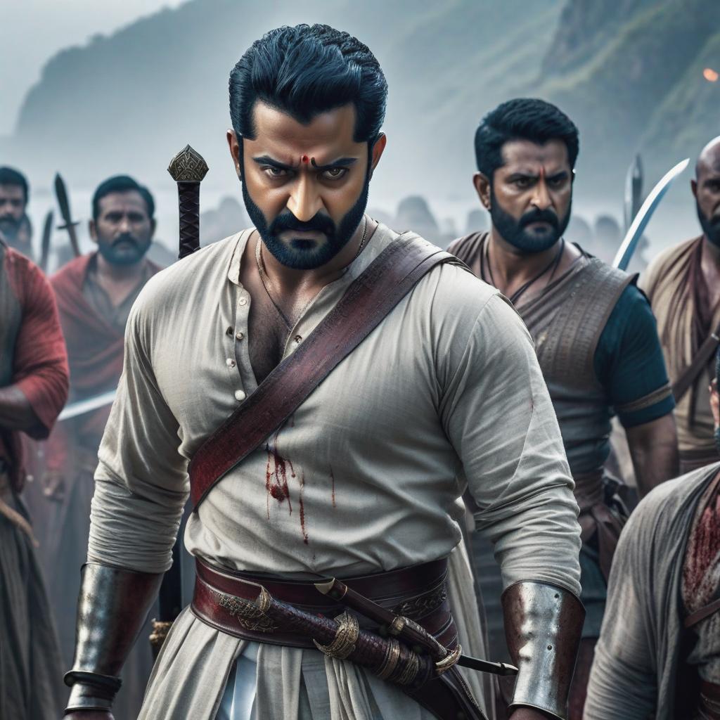  jr ntr as person of coastal region with sword and dead people with full of blood , ((realistic)) hyperrealistic, full body, detailed clothing, highly detailed, cinematic lighting, stunningly beautiful, intricate, sharp focus, f/1. 8, 85mm, (centered image composition), (professionally color graded), ((bright soft diffused light)), volumetric fog, trending on instagram, trending on tumblr, HDR 4K, 8K