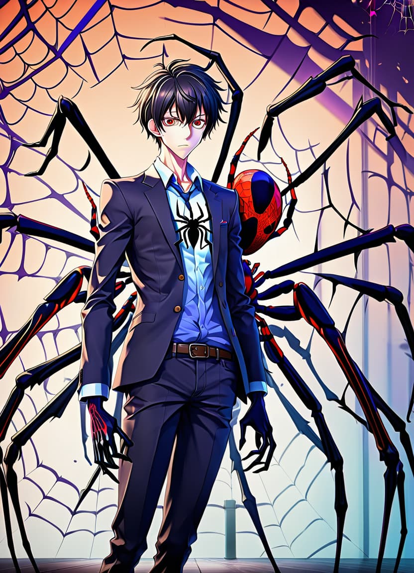  anime artwork make him a man with the lower half of a spider's body . anime style, key visual, vibrant, studio anime, highly detailed