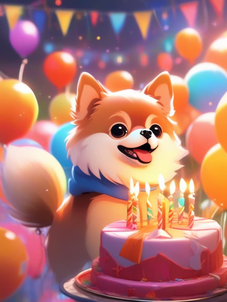  animation style,one animal,笑顔、orange,cute pomeranian,happy birthday,cake🎂,balloons,masterpiece,high quality,8k