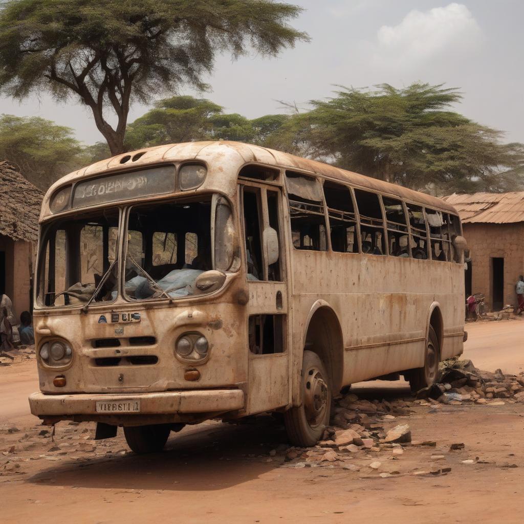  a bus with numerous holes stands in the street of an abandoned, dirty african village.