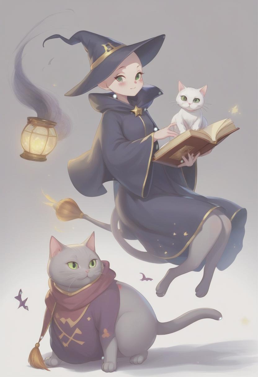  wizard witch next to her in the air a magical bald cat with a book