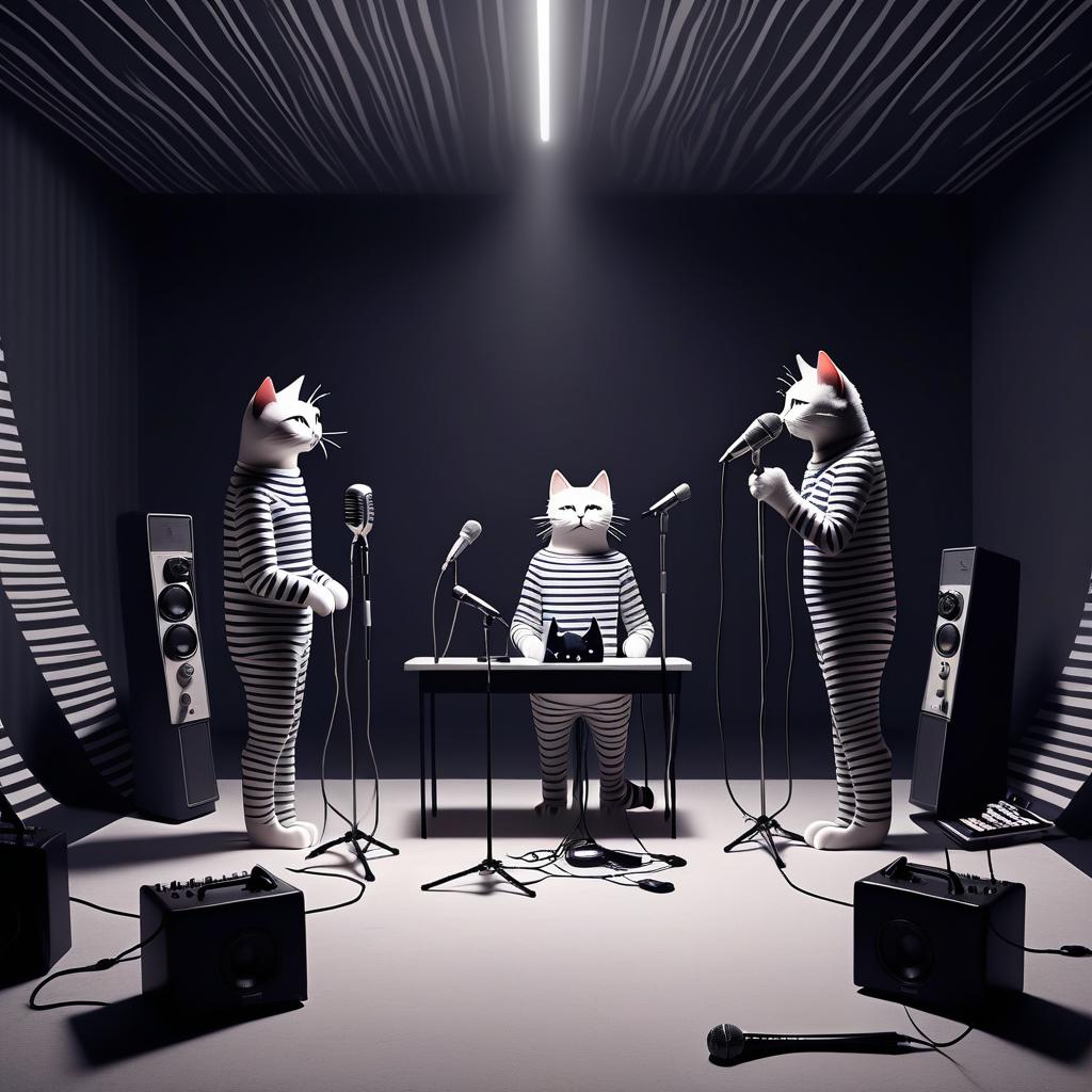  minimalist style two furry striped cats and a man, space, microphone, music, mysterious atmosphere . simple, clean, uncluttered, modern, elegant