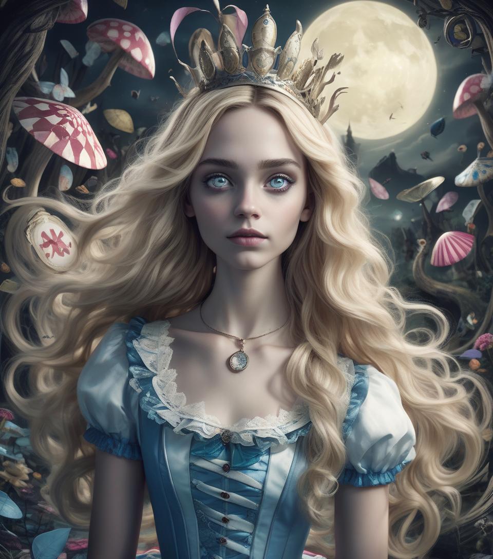  breathtaking beauty, ((portrait)) of twisted ((alice in wonderland)) long flyaway wavy blonde hair, cute, whimsical, intricate, foreboding, audacious detailed fantasy, moonlight and shadows charming, fabled colors, dark vision ((skyrim)) digital art magnum opus