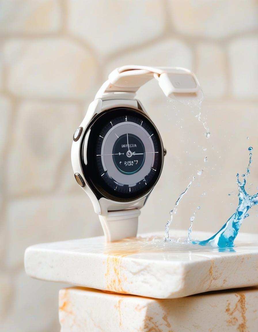  smart watch on white stone, in the background splashing water, light background, film photography style