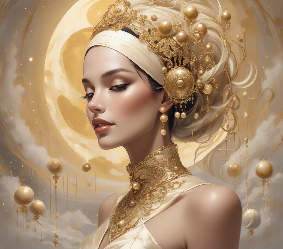  an elegant woman adorned with a sophisticated headpiece featuring gold orbs and swirling beige accents against a lunar backdrop. photo mage, searching for non obvious connections happiness is realized only after it has already happened, happiness is always in the past. happiness can only be remembered! in the style of dan quintana