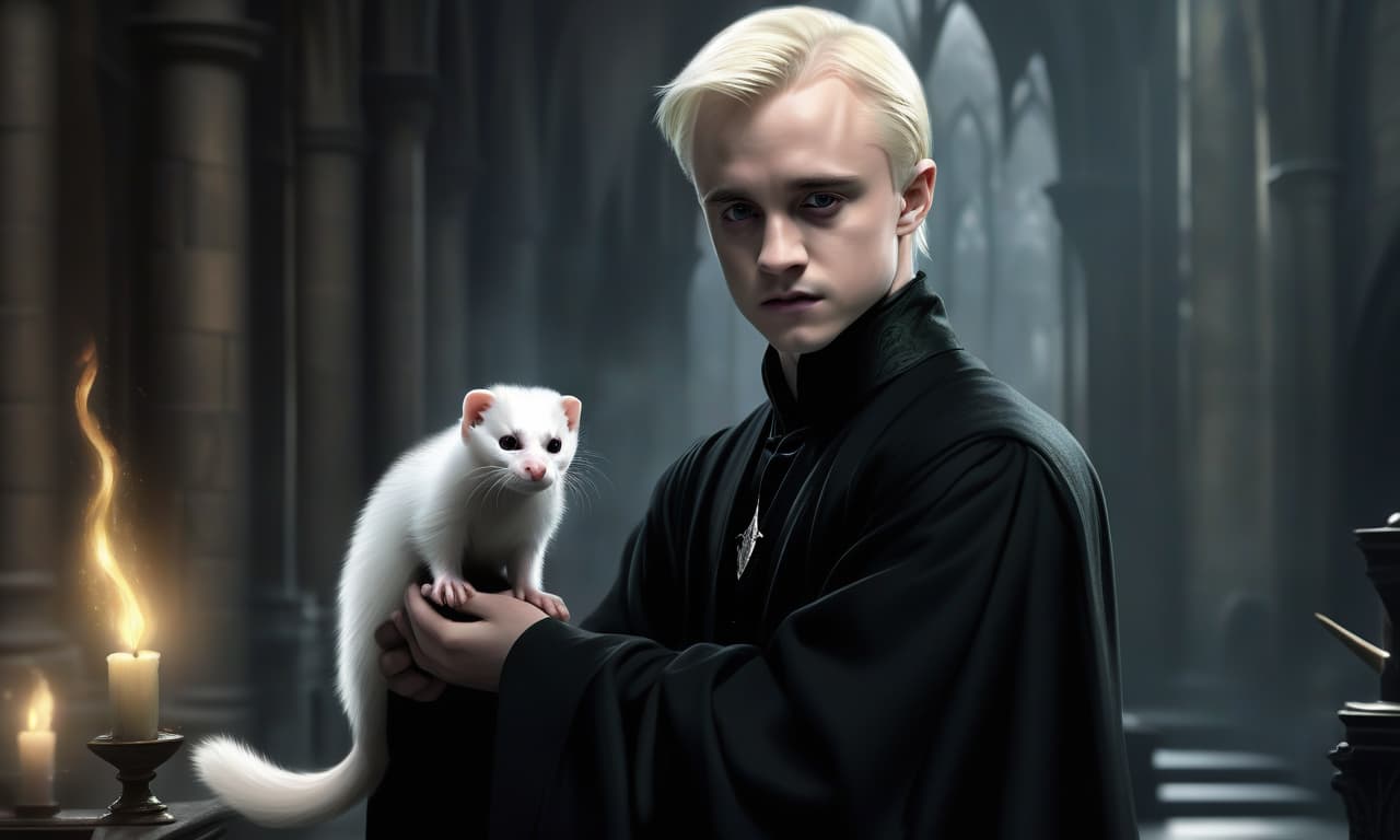  concept art draco malfoy hogwarts, a young aristocrat, creates magic, magical black robe, white ferret . digital artwork, illustrative, painterly, matte painting, highly detailed