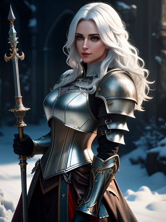  1 young , knight, with long hair, snow white hair color, closed armor made of metal, leather corset, metal shoulder pads, plate made of metal,, (extremely detailed oil painting:1.2), glow effects, godrays, hand drawn, render, 8k, octane render, cinema 4d, blender, dark, atmospheric 4k ultra detailed, cinematic sensual, sharp focus, humorous ilration, big depth of field, masterpiece, colors, 3d octane render, 4k, concept art, trending on artstation, hyperrealistic, vivid colors, extremely detailed cg unity 8k wallpaper, trending on artstation, trending on cgsociety, intricate, high detail, dramatic hyperrealistic, full body, detailed clothing, highly detailed, cinematic lighting, stunningly beautiful, intricate, sharp focus, f/1. 8, 85mm, (centered image composition), (professionally color graded), ((bright soft diffused light)), volumetric fog, trending on instagram, trending on tumblr, HDR 4K, 8K