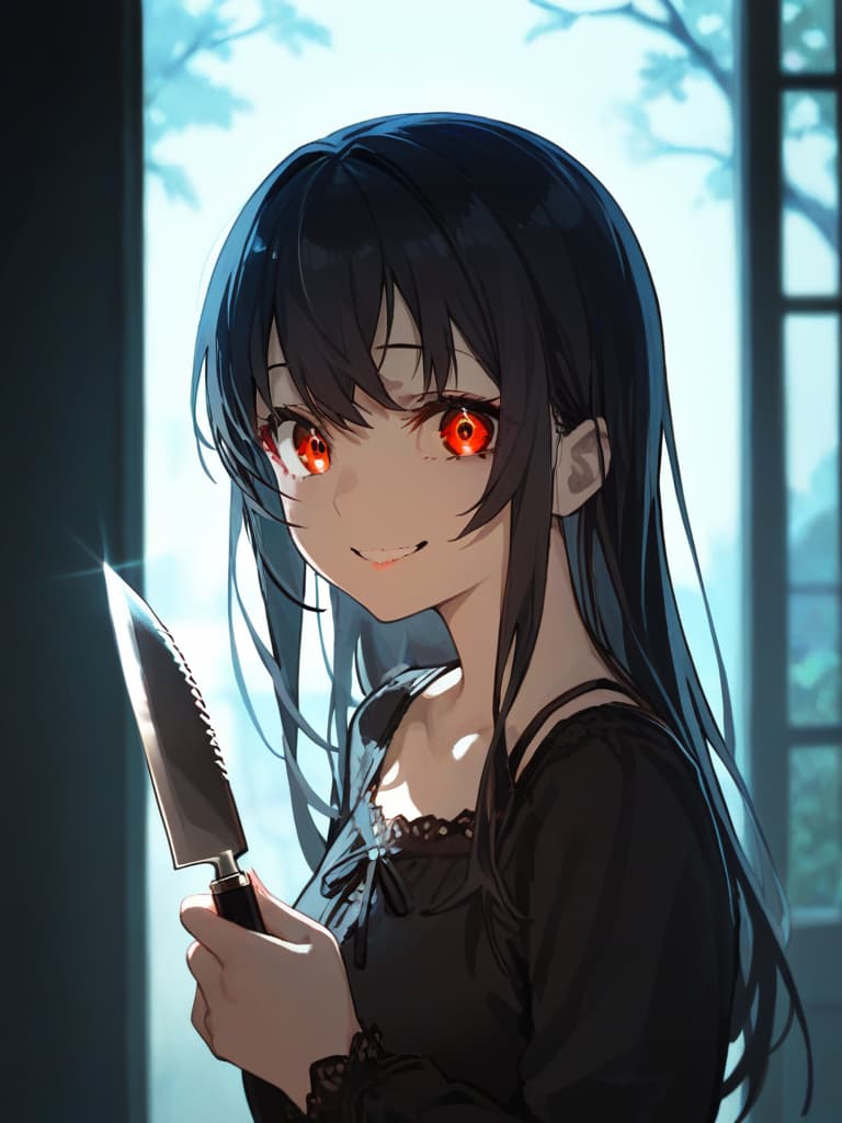  ((red eyes,black hair,yandere,cute,beautiful girl,creepy smile,scary,holding a knife,long hair,darkness,dark room,))、ultra detailed,best shadow,cute and beautiful face,(masterpiece:1.2),(best quality:1.2),detailed background,high contrast,(best illumination,an extremely delicate and beautiful),((cinematic light)),hyper detail,dramatic light,intricate details,8k,anime,very aesthetic