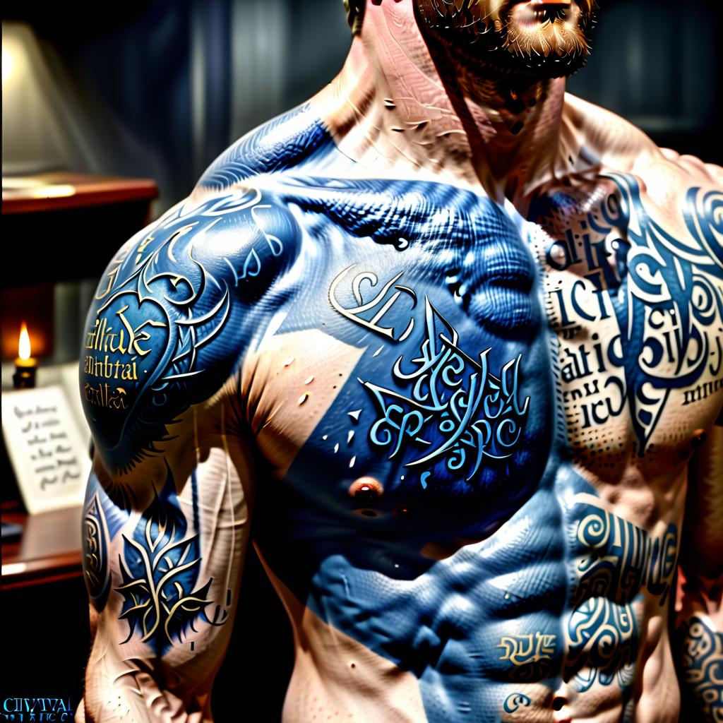  blue tattoo on shoulders and torso text in elvish, civitai